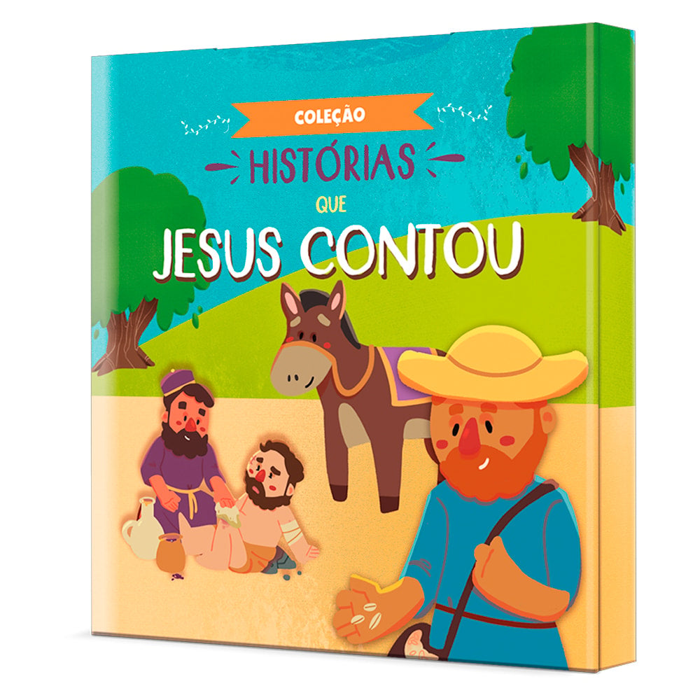 Box Coleção Histórias que Jesus Contou, capa colorida com ilustração do Bom Samaritano — Plenitude