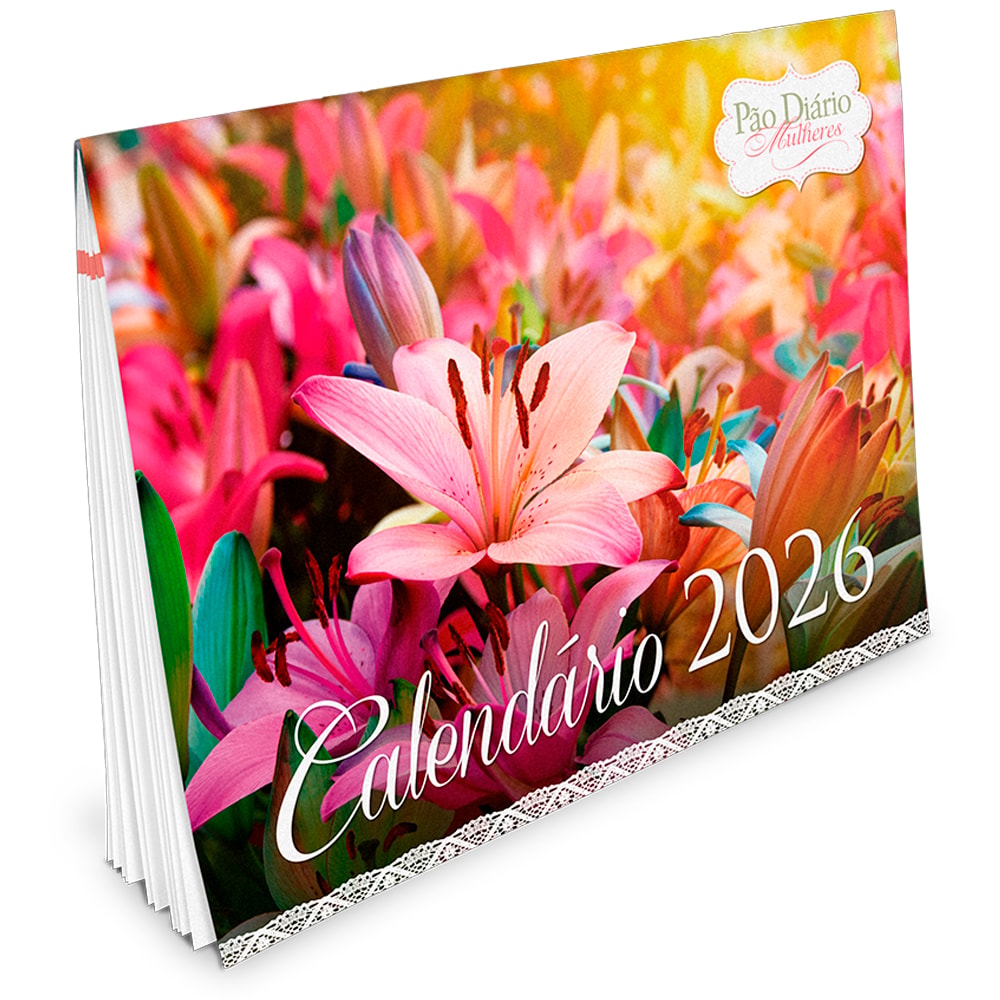 Calendário de Parede 2026 Mulheres Pão Diário, capa com flores coloridas em tons de rosa e laranja — Plenitude