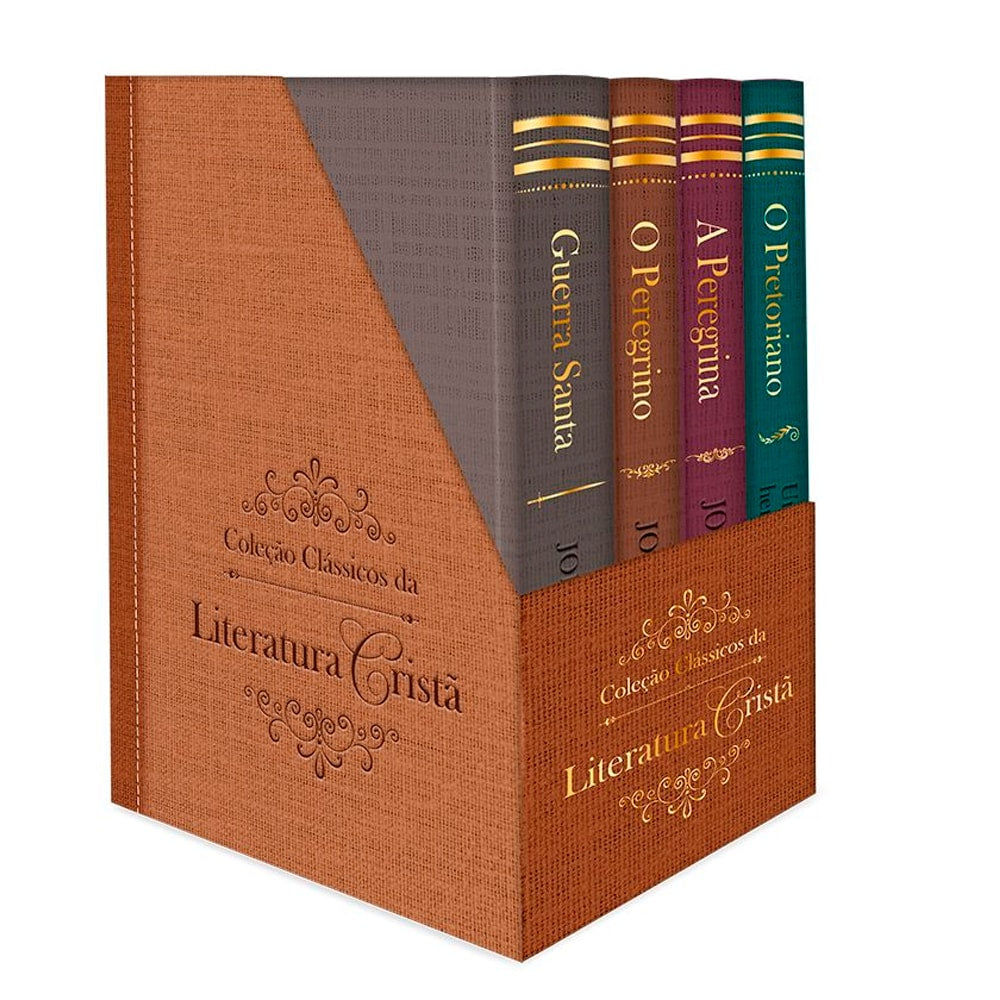 Coleção Clássicos da Literatura Cristã por John Bunyan, box marrom com quatro livros de lombadas coloridas — Plenitude