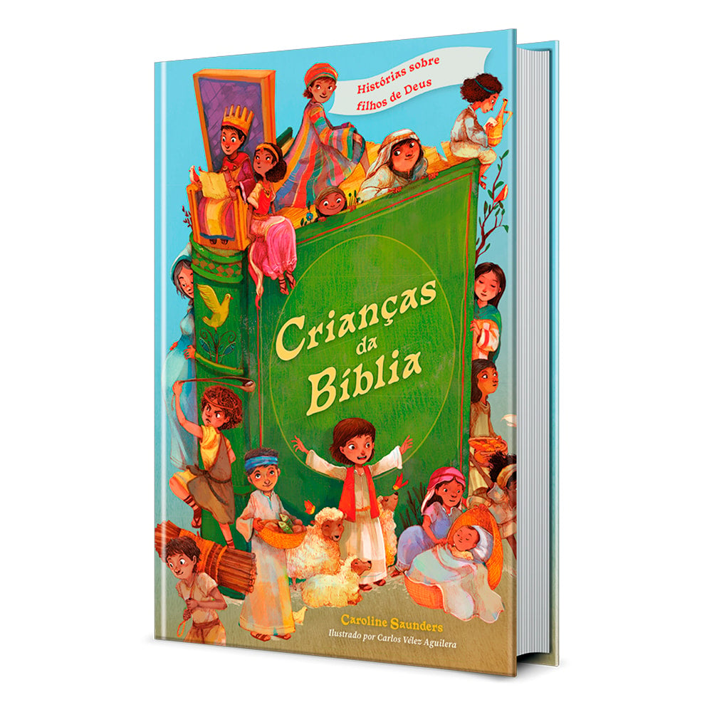 Livro infantil Crianças da Bíblia, capa colorida com diversas crianças e um livro grande. — Plenitude