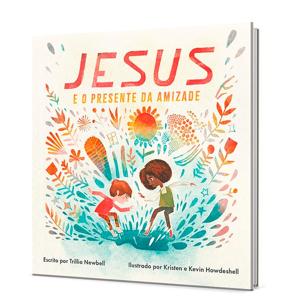 Livro infantil "Jesus e o Presente da Amizade" de Trillia Newbell, capa branca com ilustrações coloridas de crianças e natureza. — Plenitude