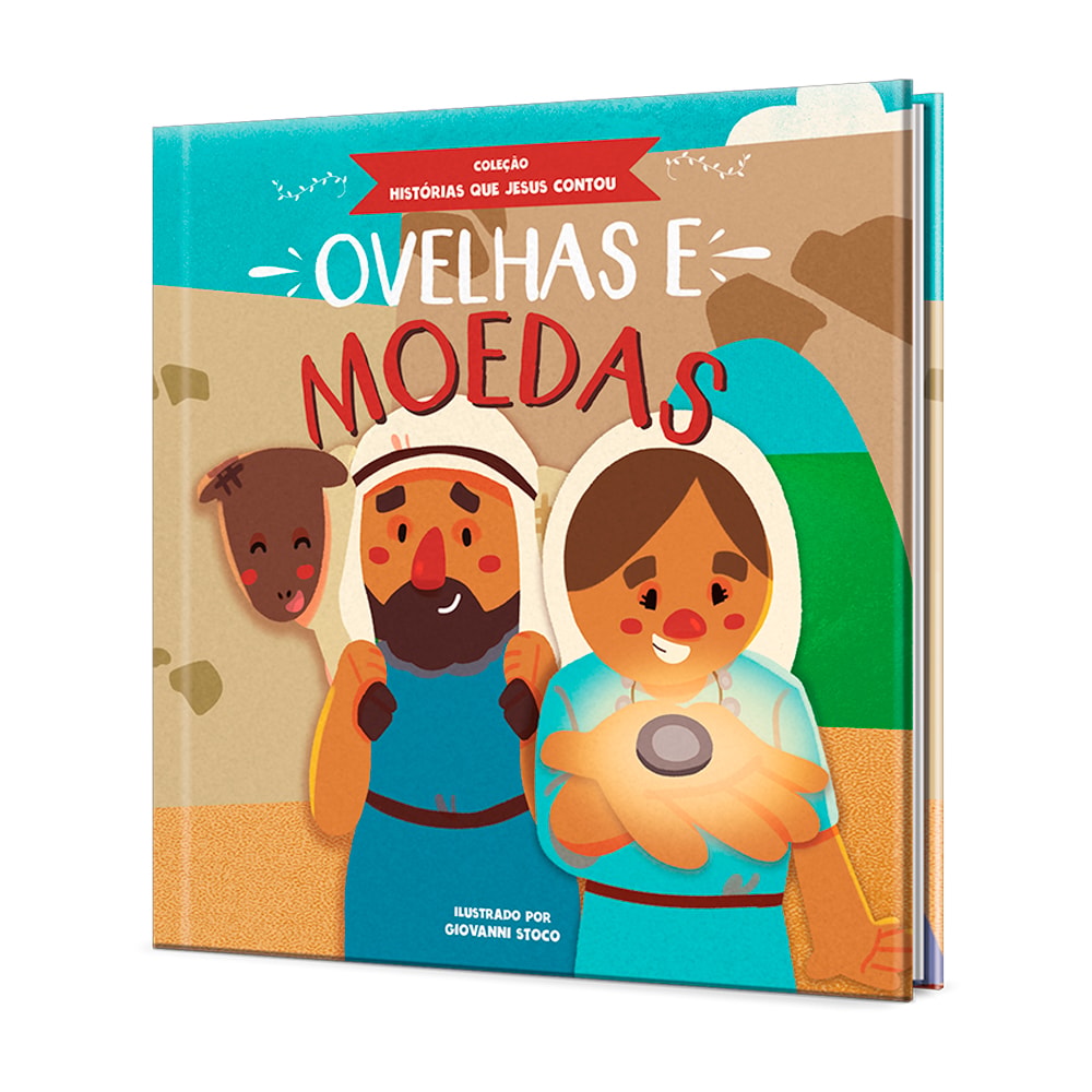 Livro infantil Ovelhas e Moedas, capa colorida com personagens de desenho animado. — Plenitude