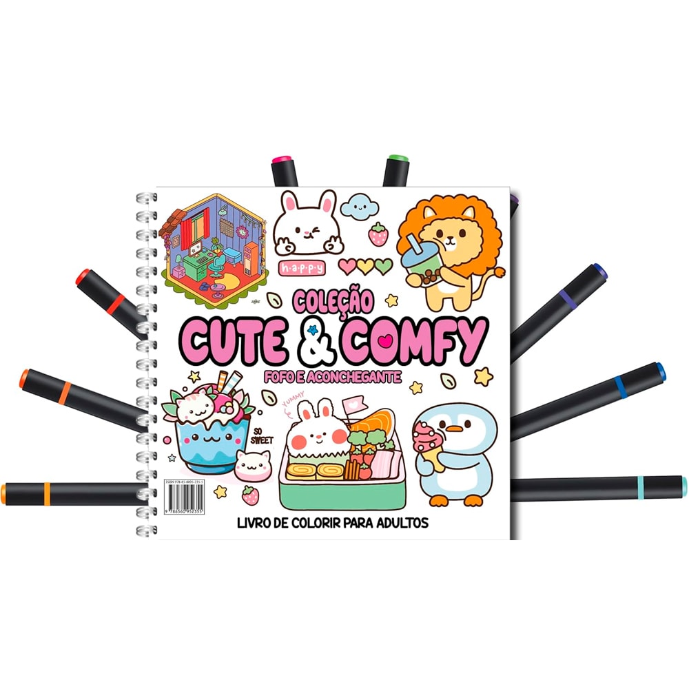 Livro de colorir Coleção Cute & Comfy Fofo e Aconchegante Edição 4, com canetas. — Plenitude