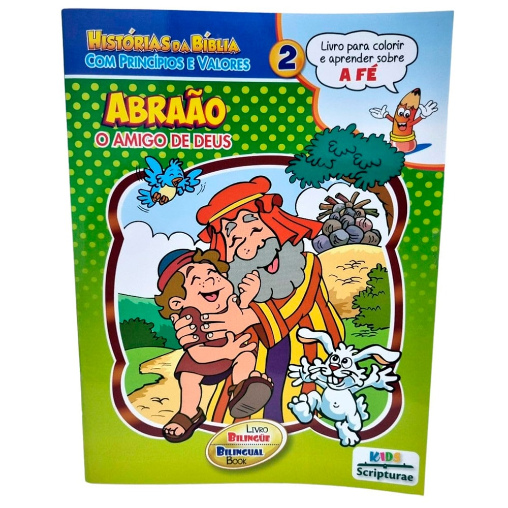 Livro infantil Abraão o Amigo de Deus, capa verde com Abraão e criança. — Plenitude