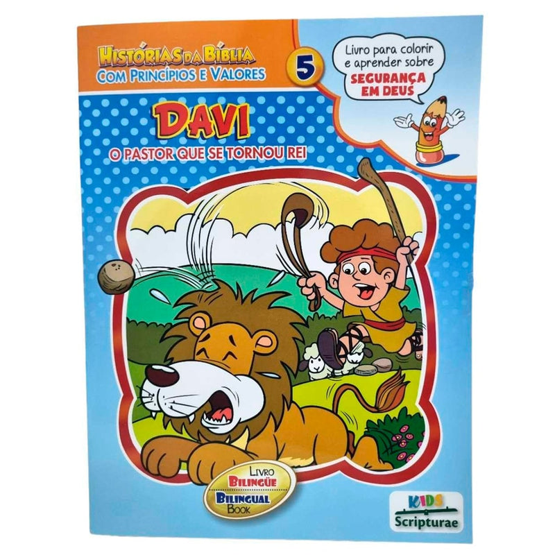 Livro infantil: Davi o Pastor Que Se Tornou Rei, Histórias da Bíblia Com Princípios e Valores 5, capa colorida com Davi e leão. — Plenitude