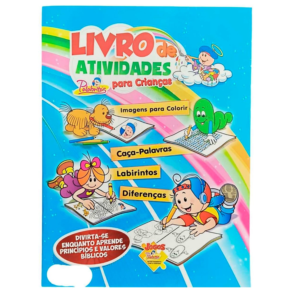 Livro de Atividades Para Crianças, Palabritas, capa colorida com desenhos de crianças e atividades. — Plenitude