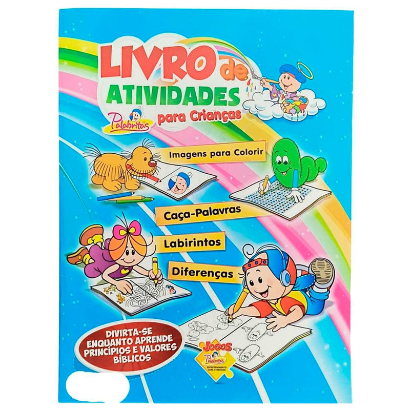 Livro de Atividades Para Crianças, Palabritas, capa colorida com desenhos de crianças e atividades. — Plenitude