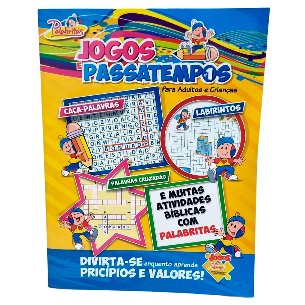 Livro Jogos e Passatempos 1, Palabritas, para Adultos e Crianças, capa colorida com atividades. — Plenitude