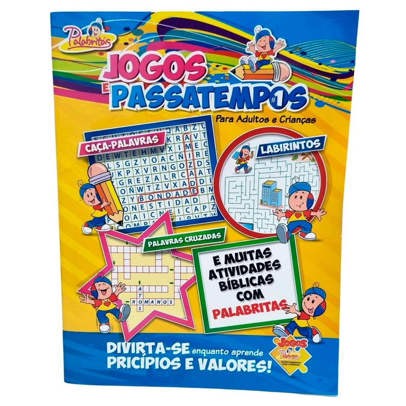 Livro Jogos e Passatempos 1, Palabritas, para Adultos e Crianças, capa colorida com atividades. — Plenitude