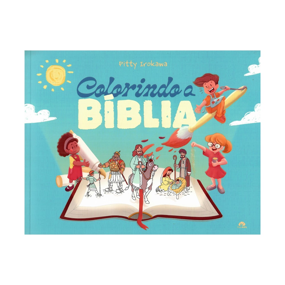 Livro infantil "Colorindo a Bíblia" de Pitty Irokawa, capa azul com crianças colorindo cenas bíblicas. — Plenitude