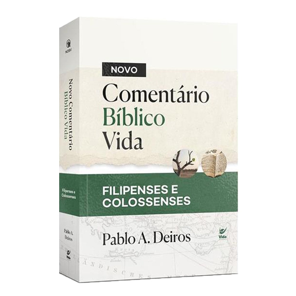 Livro "Novo Comentário Bíblico Vida | Filipenses e Colossenses" de Pablo A. Dei, capa branca com detalhes verdes. — Plenitude