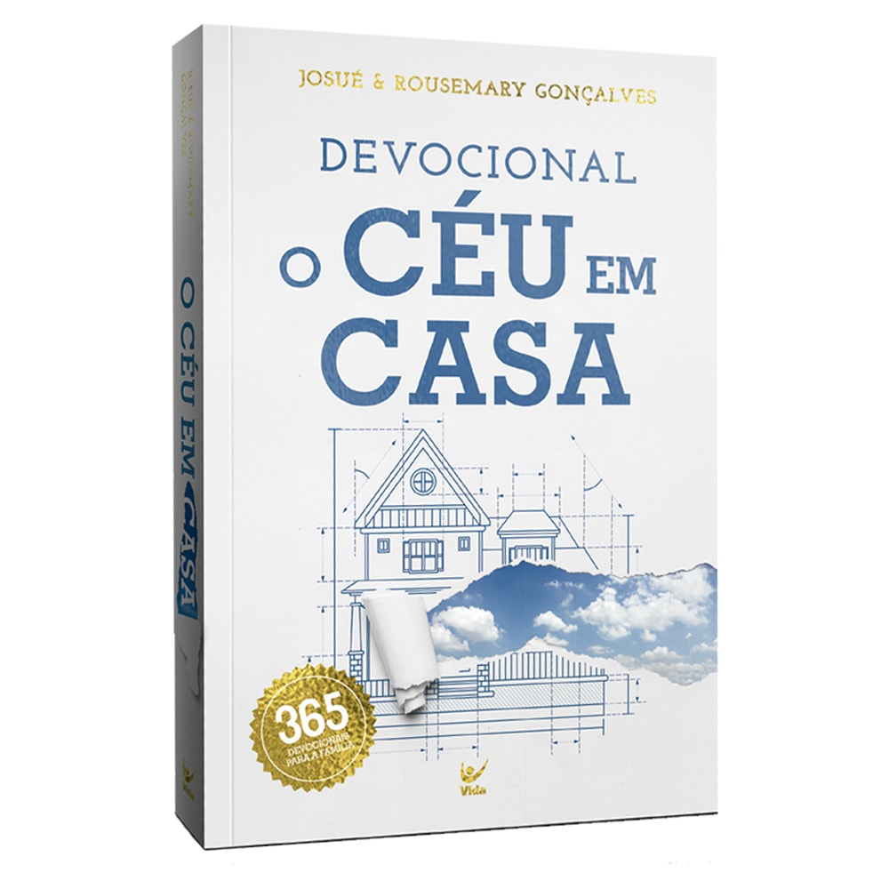 Livro "Devocional O Céu em Casa" de Josué e Rousemary Gonçalves, capa branca com desenho de casa. — Plenitude