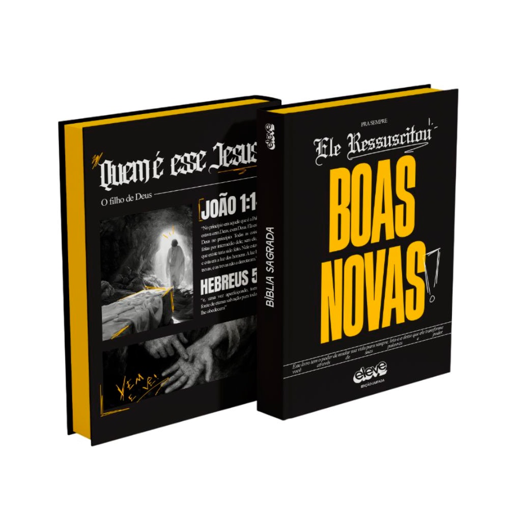 Duas Bíblias Sagradas Boas Novas da Eleve, capa dura preta com detalhes amarelos e imagem de Jesus. — Plenitude