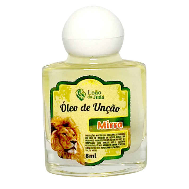 Óleo de Unção Leão de Judá Mirra, frasco de 8 ml, líquido amarelo claro. — Plenitude