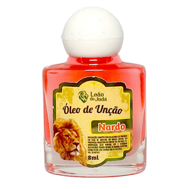 Óleo de Unção Leão de Judá Nardo, frasco de 8 ml, líquido vermelho. — Plenitude