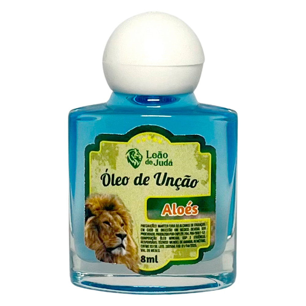 Óleo de Unção Leão de Judá Aloés, frasco de 8 ml, líquido azul claro. — Plenitude