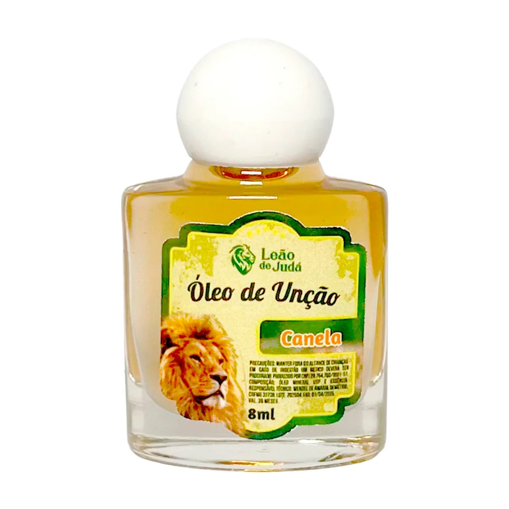 Óleo de Unção Leão de Judá Canela, frasco de 8 ml, líquido marrom claro. — Plenitude