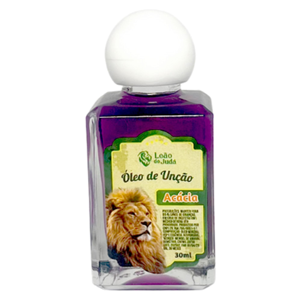 Óleo de Unção Leão de Judá Acácia, frasco de 30 ml, líquido roxo. — Plenitude