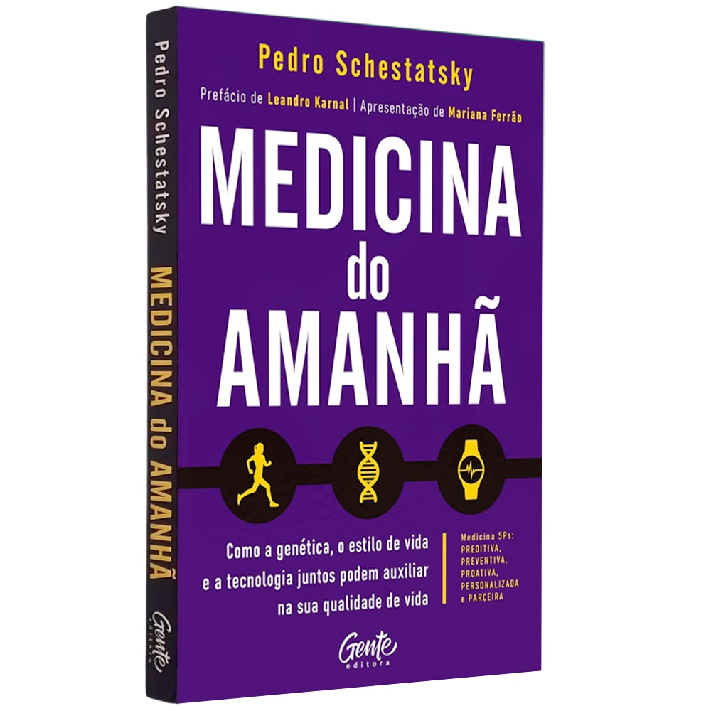 Livro de capa comum, "Medicina do Amanhã" de Pedro Schestatsky, capa roxa com título em amarelo e ícones. — Plenitude