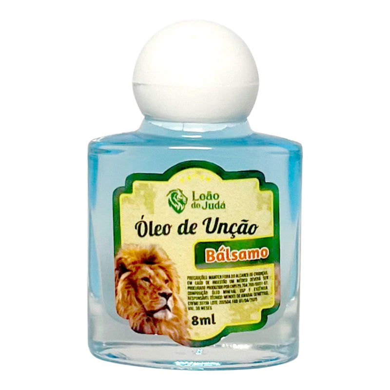 Óleo de Unção Leão de Judá Bálsamo, frasco de 8 ml, líquido azul claro. — Plenitude