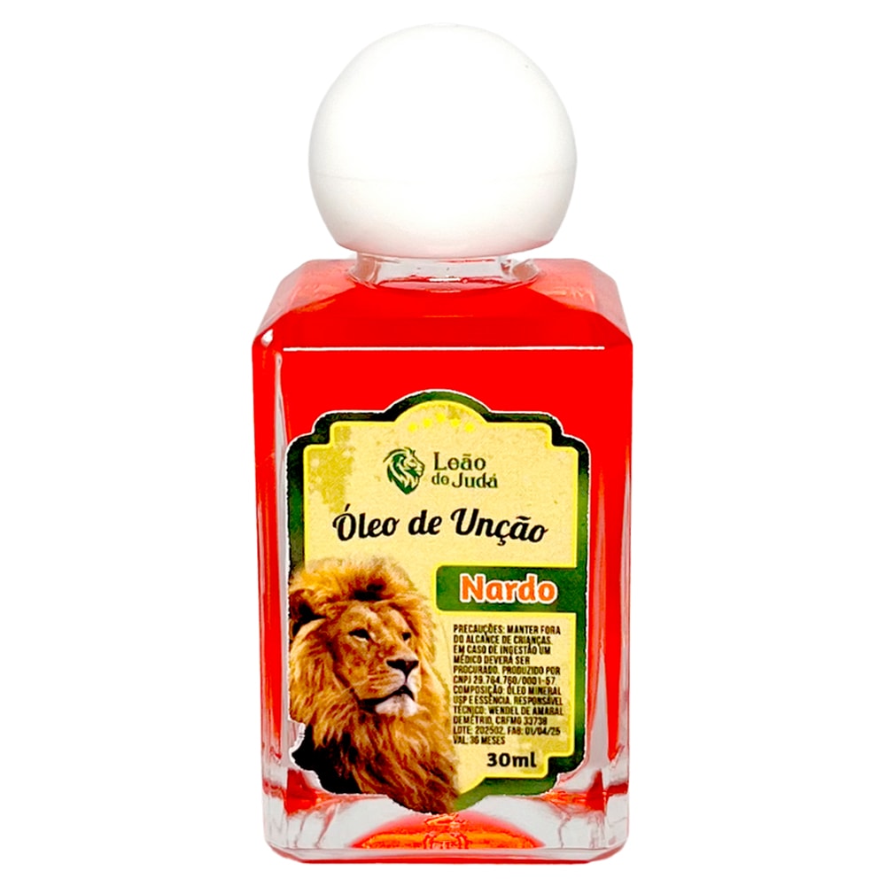 Óleo de Unção Leão de Judá Nardo, frasco de 30 ml, líquido vermelho. — Plenitude