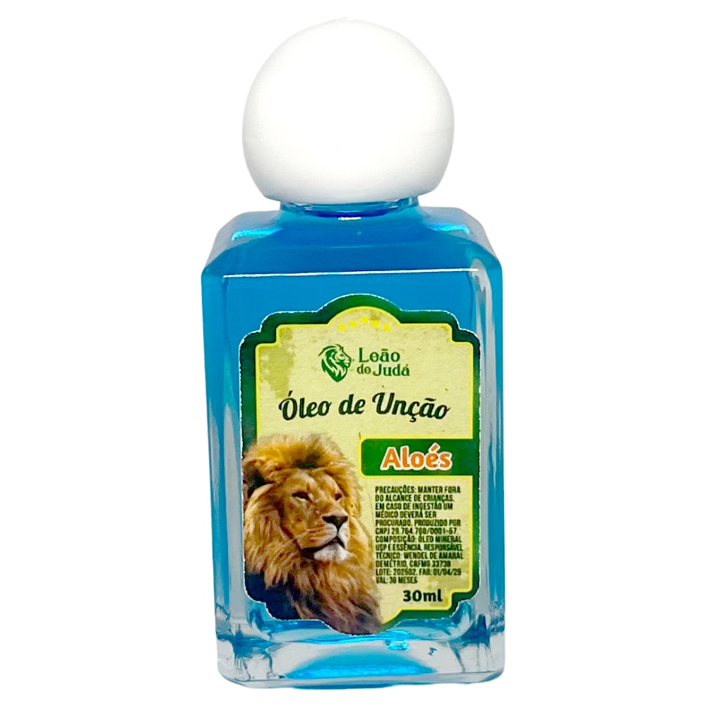 Óleo de Unção Leão de Judá Aloés, frasco de 30 ml, líquido azul claro. — Plenitude