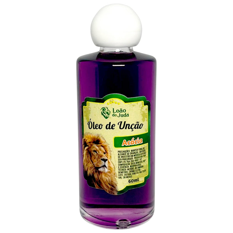 Óleo de Unção Leão de Judá Acácia, frasco de 60 ml, líquido roxo. — Plenitude