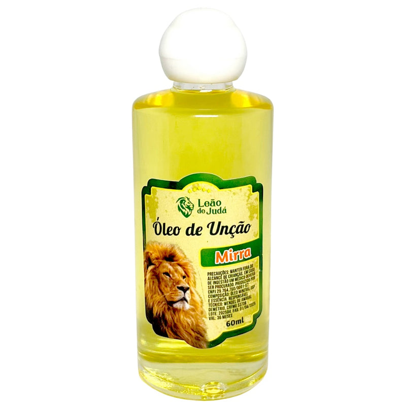 Óleo de Unção Leão de Judá Mirra, frasco de 60 ml, líquido amarelo claro. — Plenitude