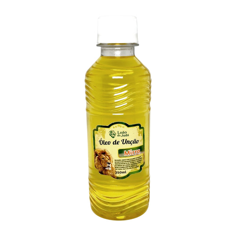 Óleo de Unção Leão de Judá Mirra, frasco de 250 ml, líquido amarelo claro. — Plenitude