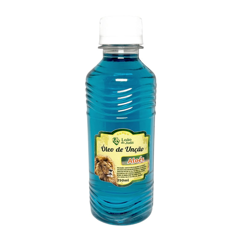 Óleo de Unção Leão de Judá Aloés 250 ml, frasco azul com rótulo amarelo e leão. — Plenitude