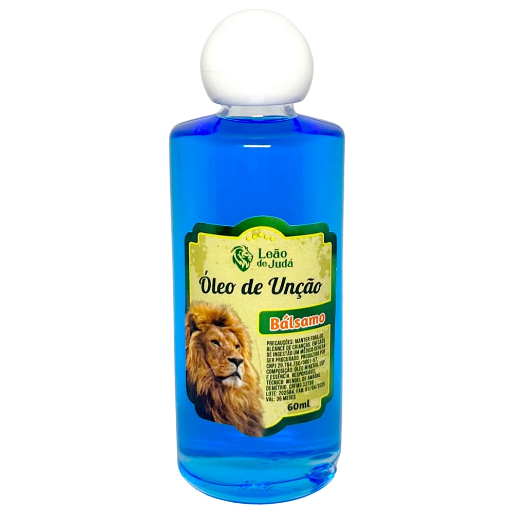 Óleo de Unção Leão de Judá Bálsamo, frasco de 60 ml, líquido azul claro. — Plenitude
