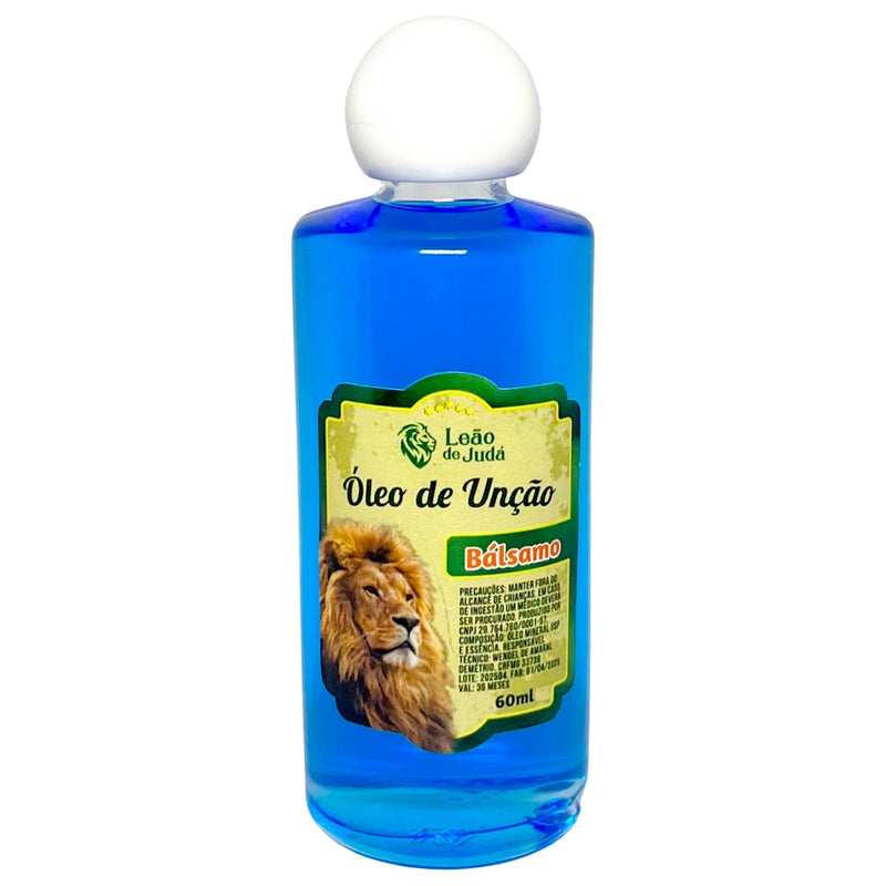 Óleo de Unção Leão de Judá Bálsamo, frasco de 60 ml, líquido azul claro. — Plenitude