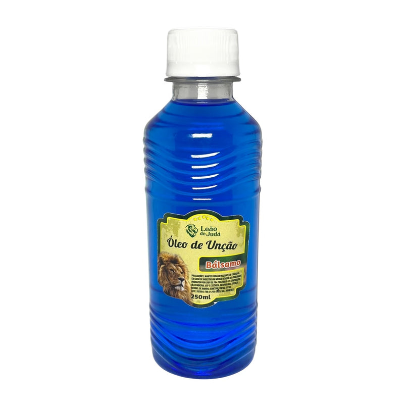 Óleo de Unção Leão de Judá Bálsamo 250 ml, frasco azul com rótulo amarelo e leão. — Plenitude
