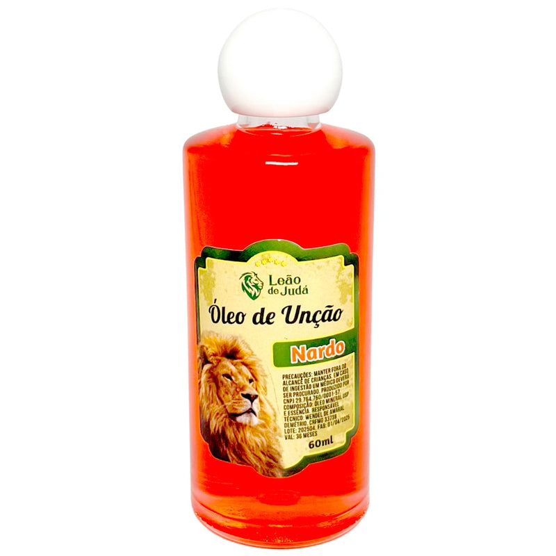 Óleo de Unção Leão de Judá Nardo, frasco de 60 ml, líquido vermelho. — Plenitude