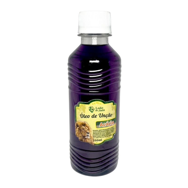 Óleo de Unção Leão de Judá Acácia 250 ml, frasco roxo com rótulo amarelo e leão. — Plenitude