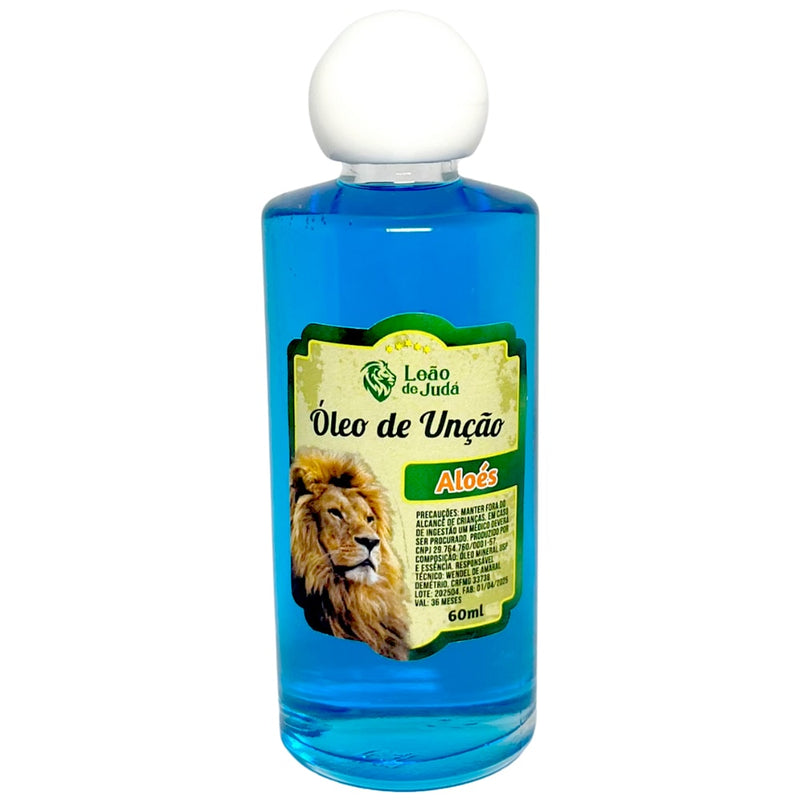 Óleo de Unção Leão de Judá Aloés, frasco de 60 ml, líquido azul claro. — Plenitude