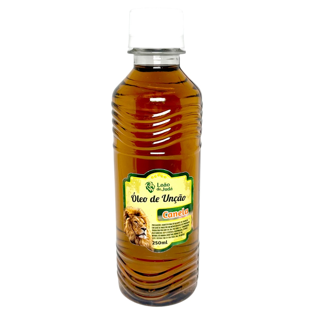 Óleo de Unção Leão de Judá Canela 250 ml, frasco marrom com rótulo amarelo e leão. — Plenitude