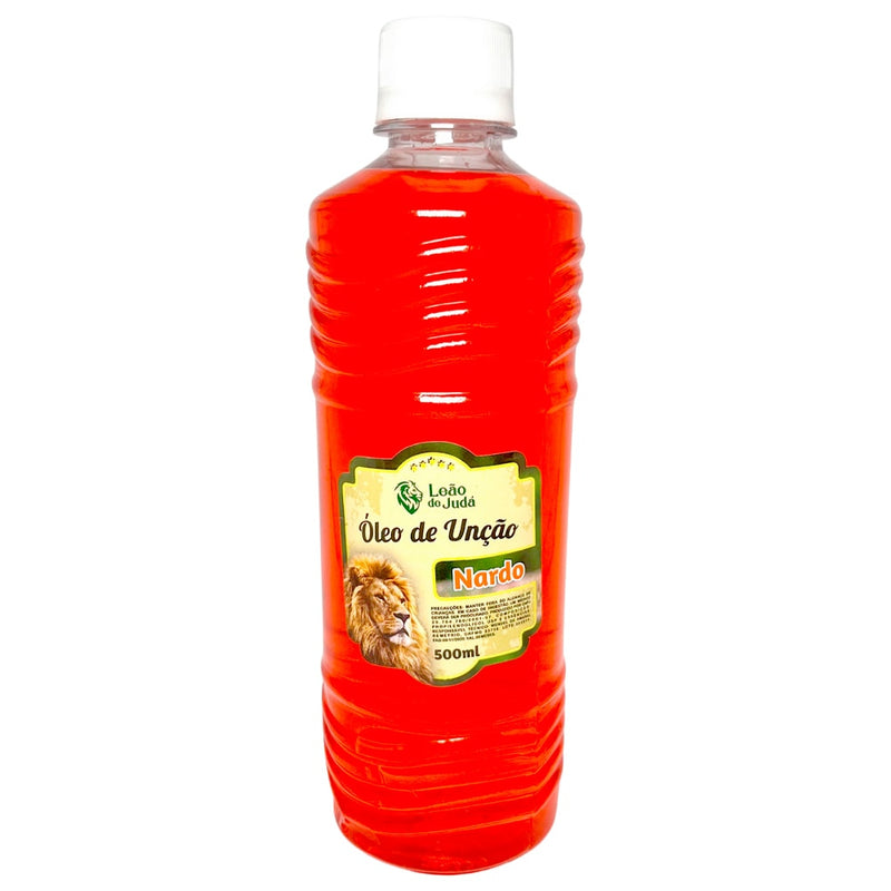 Óleo de Unção Leão de Judá Nardo 500 ml, frasco vermelho com rótulo amarelo e leão. — Plenitude