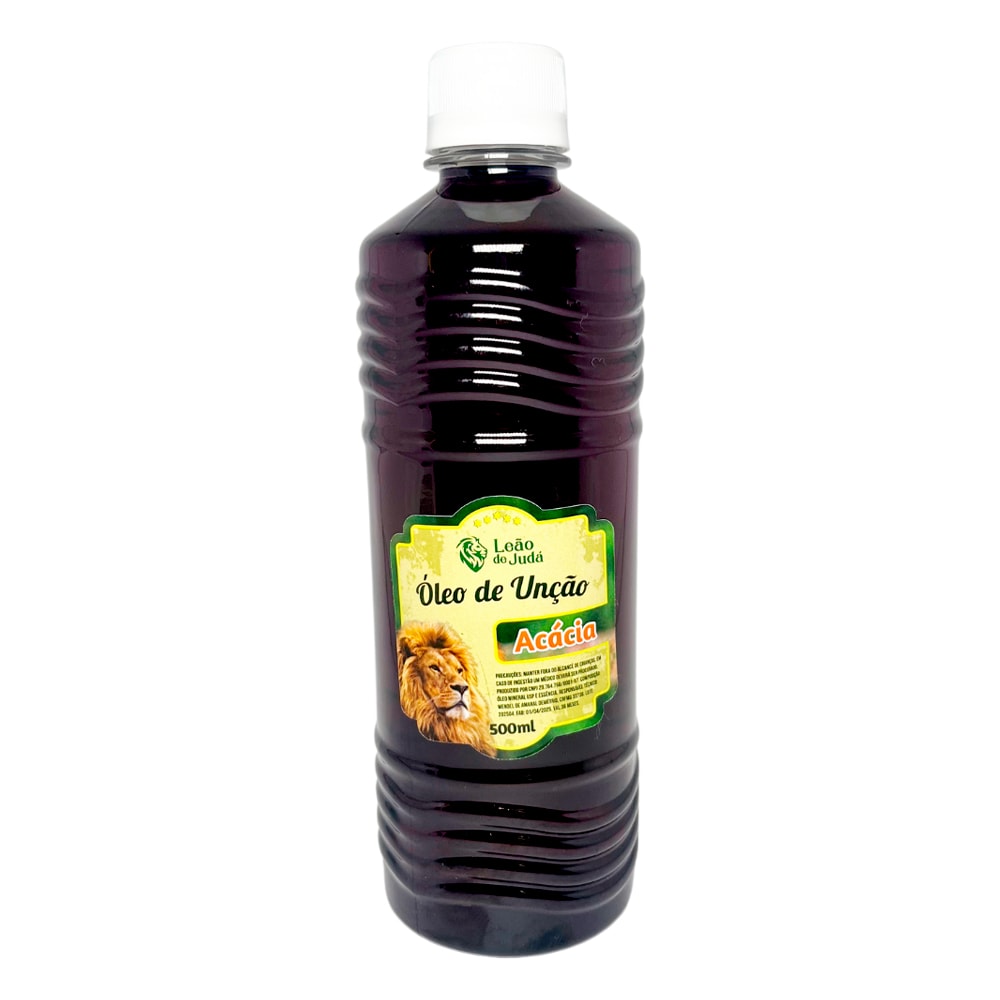 Óleo de Unção Leão de Judá Acácia 500 ml, frasco roxo com rótulo amarelo e leão. — Plenitude