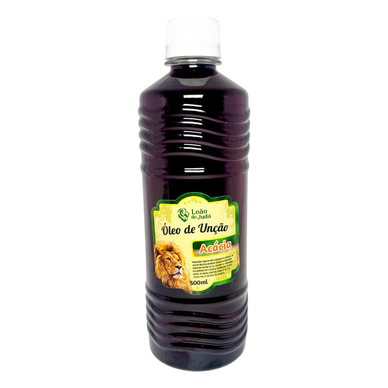 Óleo de Unção Leão de Judá Acácia 500 ml, frasco roxo com rótulo amarelo e leão. — Plenitude