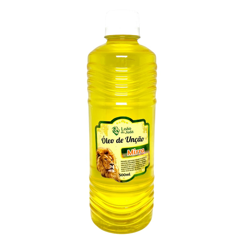 Óleo de Unção Leão de Judá Mirra 500 ml, frasco amarelo com rótulo amarelo e leão. — Plenitude