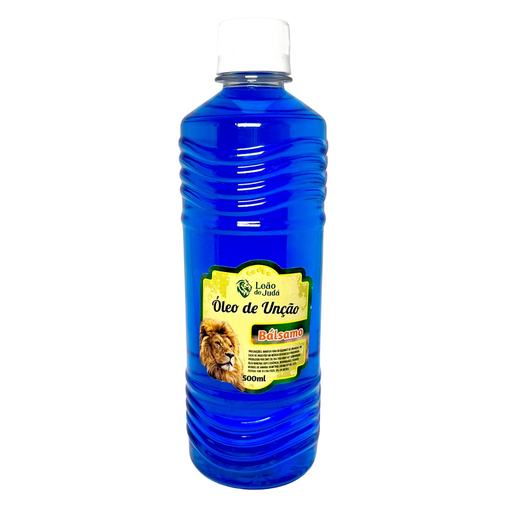 Óleo de Unção Leão de Judá Bálsamo 500 ml, frasco azul com rótulo amarelo e leão. — Plenitude