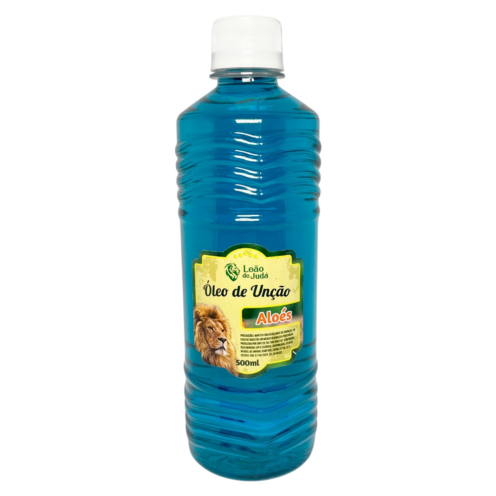 Óleo de Unção Leão de Judá Aloés 500 ml, frasco azul claro com rótulo amarelo e leão. — Plenitude
