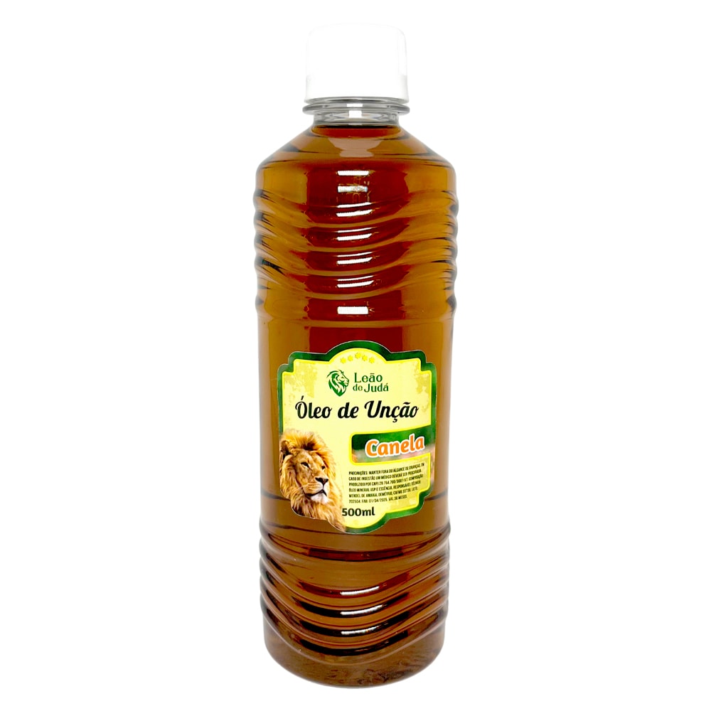 Óleo de Unção Leão de Judá Canela 500 ml, frasco marrom com rótulo amarelo e leão. — Plenitude