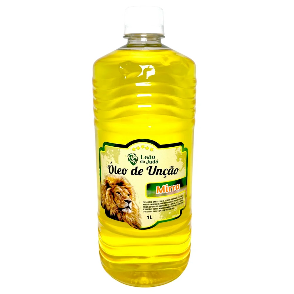 Óleo de Unção Leão de Judá Mirra 1 Litro, frasco amarelo com rótulo amarelo e leão. — Plenitude