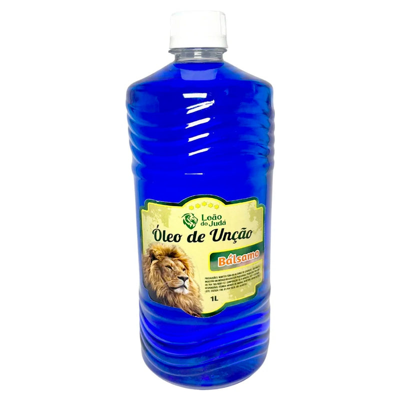 Óleo de Unção Leão de Judá Bálsamo 1 Litro, frasco azul com rótulo amarelo e leão. — Plenitude