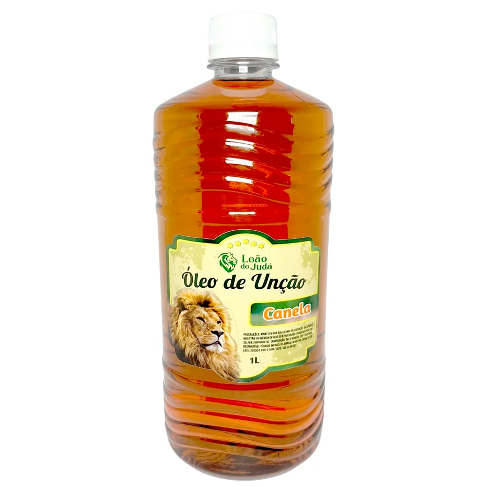 Óleo de Unção Leão de Judá Canela 1 Litro, frasco marrom com rótulo amarelo e leão. — Plenitude