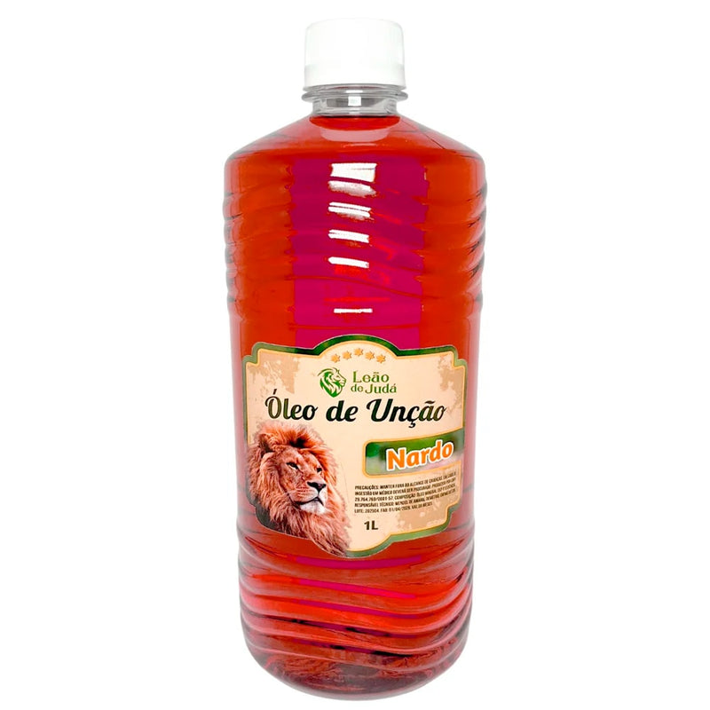 Óleo de Unção Leão de Judá Nardo 1 Litro, frasco vermelho com rótulo amarelo e leão. — Plenitude