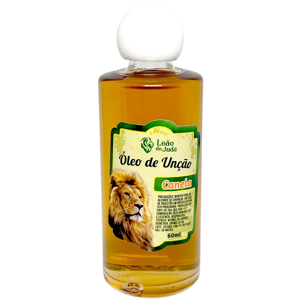 Óleo de Unção Leão de Judá Canela, frasco de 60 ml, líquido marrom claro. — Plenitude