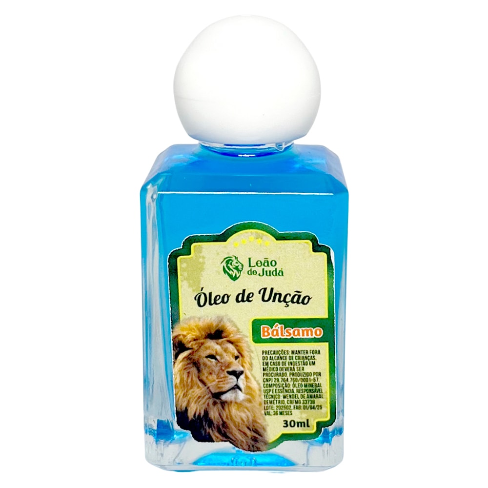 Óleo de Unção Leão de Judá Bálsamo, frasco de 30 ml, líquido azul claro. — Plenitude